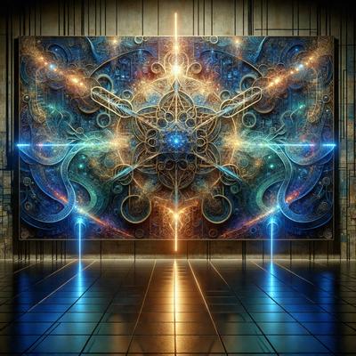 The primary subject of the image is a large, intricate painting of a blue and orange spiral. The painting is displayed on a wall, and it appears to be a digital art piece. The setting is a room with a tiled floor, and the visual style is a combination of digital art and illustration. The dominant colors in the painting are blue and orange, creating a vibrant and captivating atmosphere.